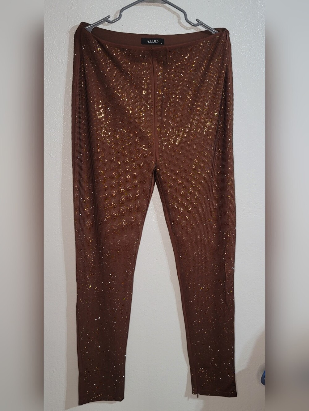 AKIRA Brown Rhinestone Leggings XL Sparkly Stretch Pull-On Pants